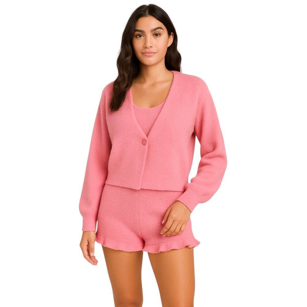 ASOS Pink Fleece Cardigan Short Sleeve T Shirt Shorts Sweater 3 Piece Set Size 2